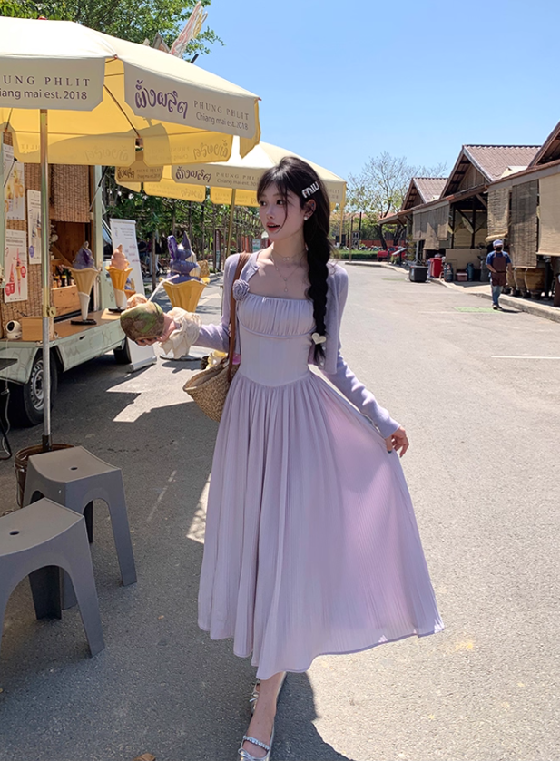 Purple one-shoulder waist suspender dress summer French style slim fit temperament skirt R4863