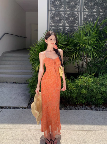 French chiffon floral dress waist-hugging white orange suspender dress seaside holiday long dress R0239