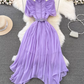 Light luxury temperament stand-up collar off-shoulder pleated waist A-line chiffon dress elegant long skirt R0374