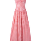 2025 Summer New Red Plaid Square Neck French Short Sleeve High Waist Long Dress R0943