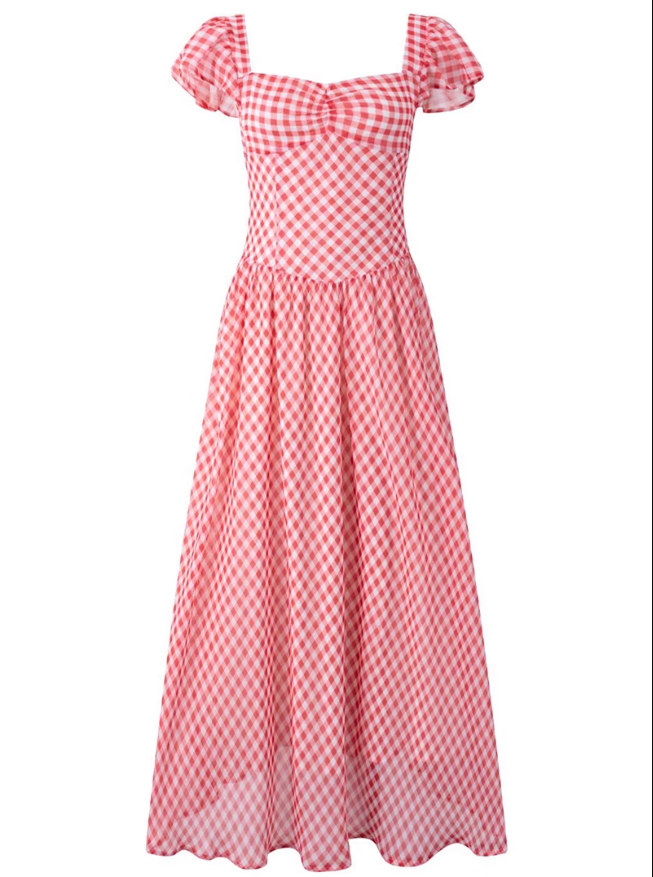 2025 Summer New Red Plaid Square Neck French Short Sleeve High Waist Long Dress R0943