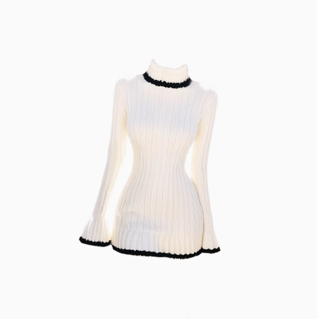 Gold knitted contrasting dress 2025 pure desire high collar waist hip skirt R1120