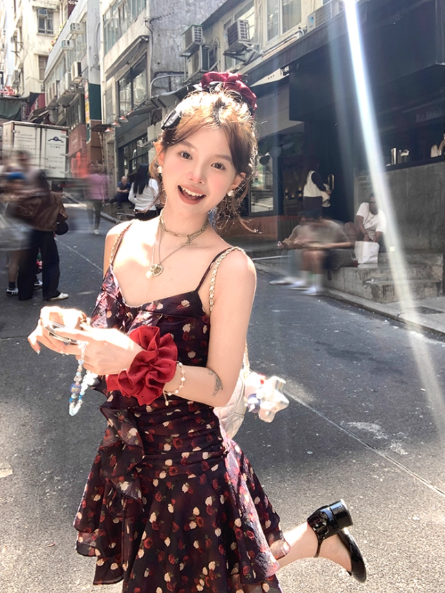 Ruffled Romantic Rose Suspender Dress French Retro Temperament Dress R4988