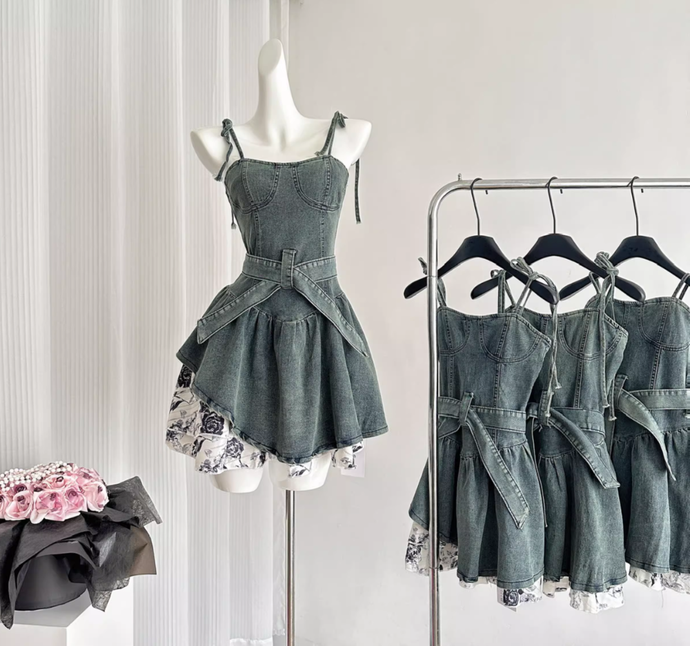 Original rose denim dress 2025 new slim hot girl suspender skirt high-end R2060