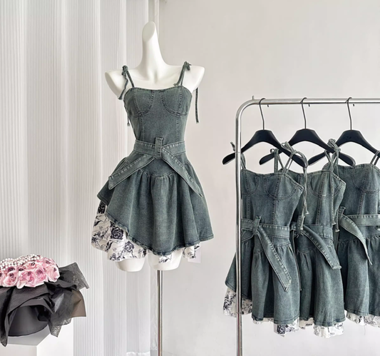 Original rose denim dress 2025 new slim hot girl suspender skirt high-end R2060