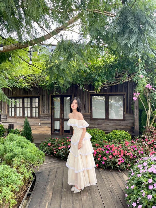 Apricot one-shoulder gentle cake dress homecoming dress R4004