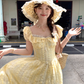 Yellow square neck puff sleeve cake dress summer Korean style age-reducing sweet petite skirt R4665