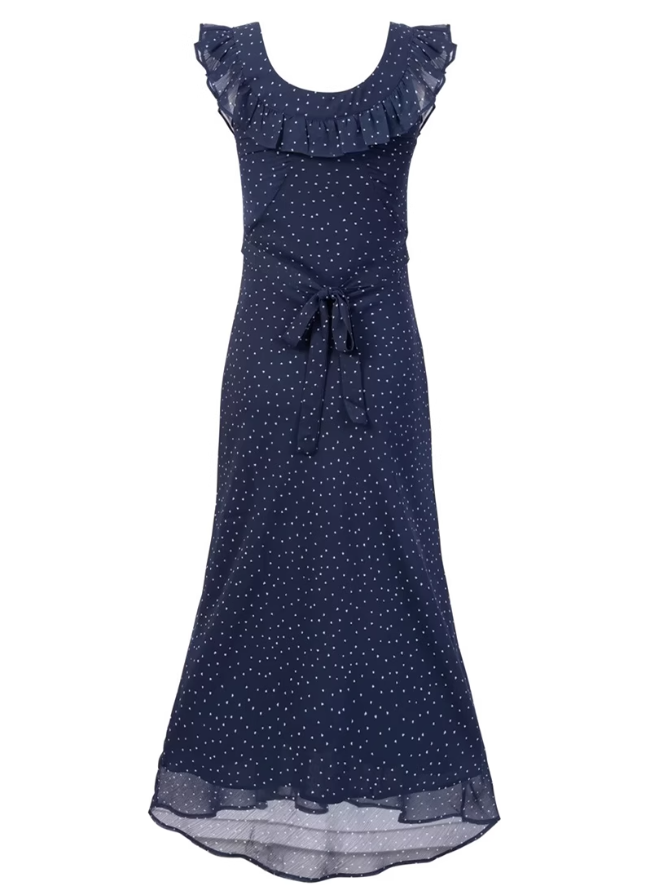 2025 Summer New Black Polka Dot Ruffled Small Flying Sleeve Midi Dress R0962