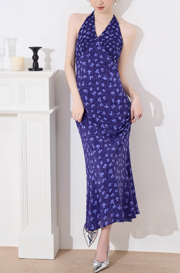 French halterneck dress for women summer design temperament waist slimming floral dress R4459