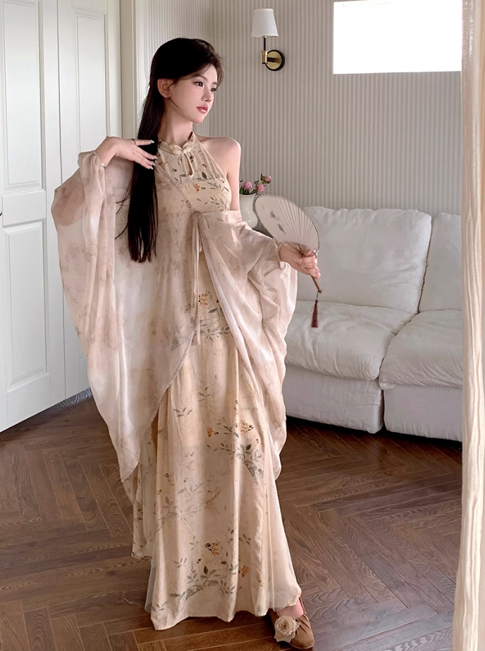 Fairy new Chinese style improved cheongsam halo dyed floral waist long skirt dress R1703