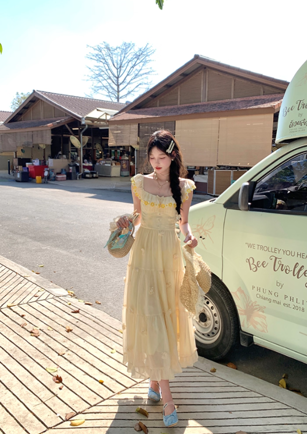 Yellow long chiffon printed small flying sleeve suspender dress summer French sweet slim skirt R4864