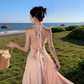 Ruffled V-neck halter dress beautiful waist A-line long skirt R0566