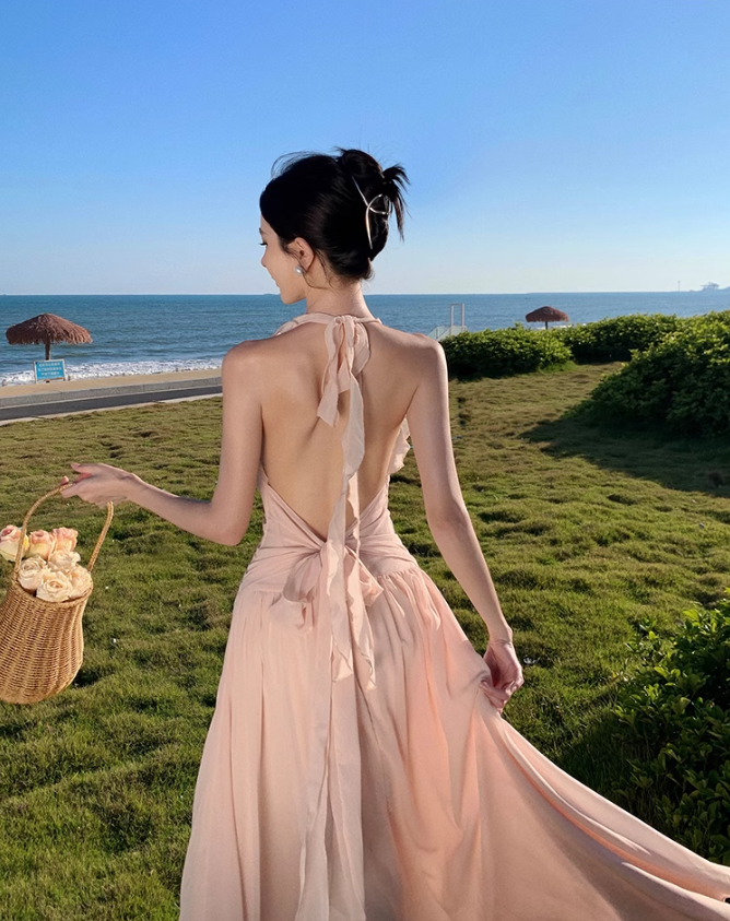 Ruffled V-neck halter dress beautiful waist A-line long skirt R0566