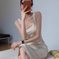 Square neck pleated slim waist suspenders long short hip-wrapped slit dress R1481