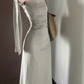 Gentle temperament gray polka dot off-shoulder dress with slim waist and hip skirt R0859