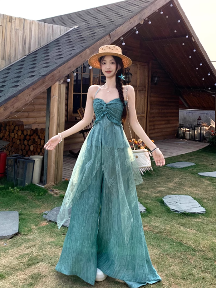 Fairy outfit: a halter neck tube top with small slings, mint green wide-leg pants, two-piece suit R1761