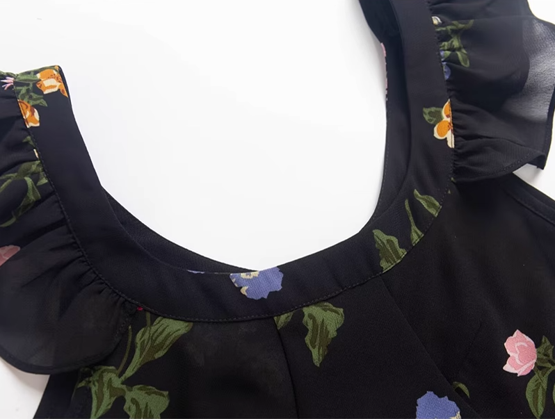 2025 summer new black floral waist slimming small flying sleeves holiday dress R0953