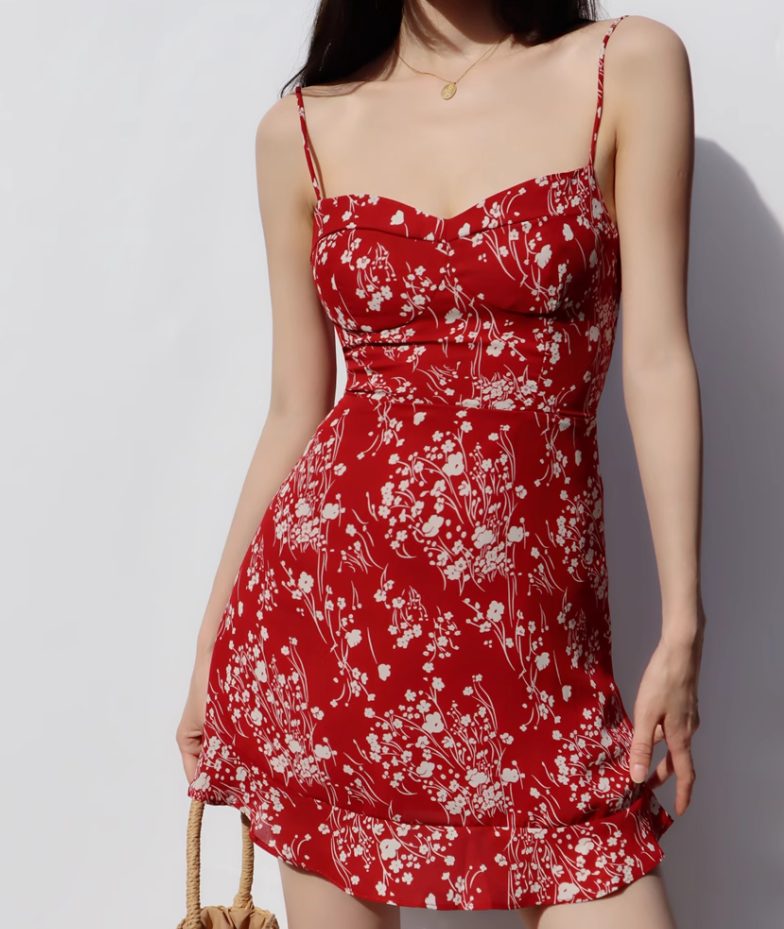 French retro girl red bottom floral dress waist slim ruffled suspender dress R2819