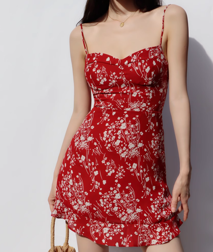 French retro girl red bottom floral dress waist slim ruffled suspender dress R2819