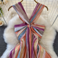 Dopamine wear rainbow stripes gradient halter neck long skirt V-neck waist A-line big swing dress R0377