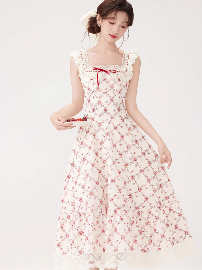 French style gentle sweet floral dress new lace waist long skirt R2380