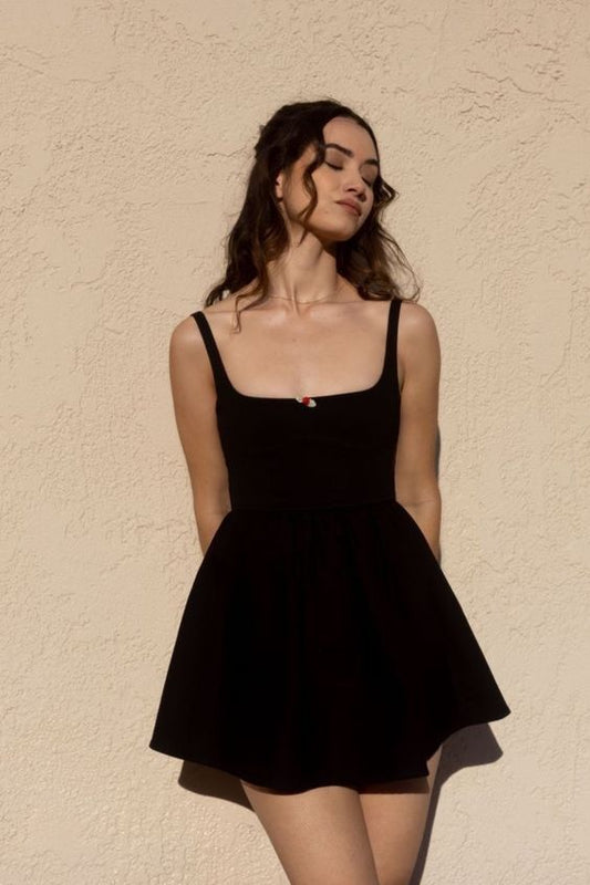 Black elegant suspenders waist slim A-line short skirt homecoming dress R3271