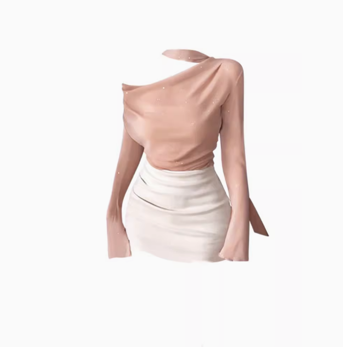 Pure desire style off-shoulder long-sleeved top 2025 plus size hot girl hip skirt suit R1170