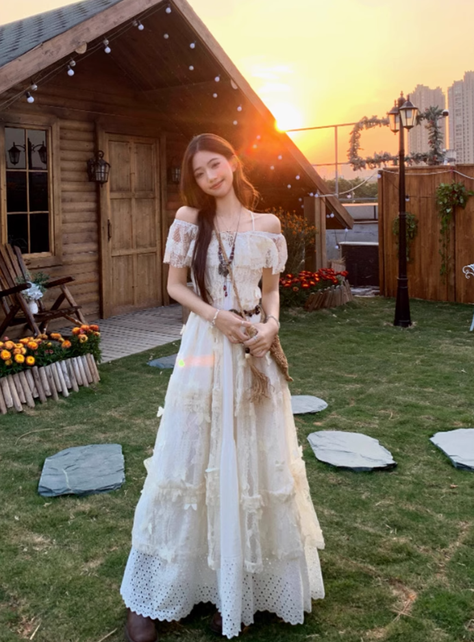 French fairy temperament holiday v-neck suspender dress lace blouse two-piece outfit R1735