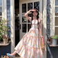 Long square neck small flying sleeve waist printed A-line dress summer French skirt R4905