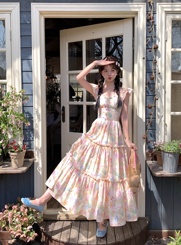 Long square neck small flying sleeve waist printed A-line dress summer French skirt R4905