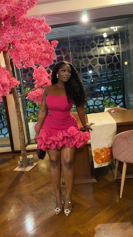 Sweet Barbie Pink Ruffled Hem Sheath Strapless Bodycon Mini Dress Homecoming Dress RS232