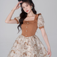 French ruffled square neck jacquard short-sleeved dress summer new high waist lantern sleeve waist short skirt R4180
