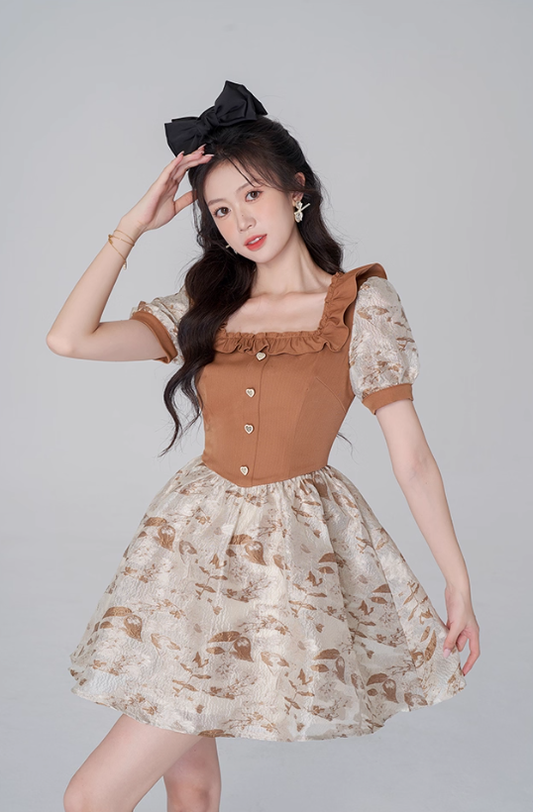 French ruffled square neck jacquard short-sleeved dress summer new high waist lantern sleeve waist short skirt R4180