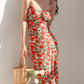 French sexy backless waist slim rose print retro suspender long dress holiday dress R2803