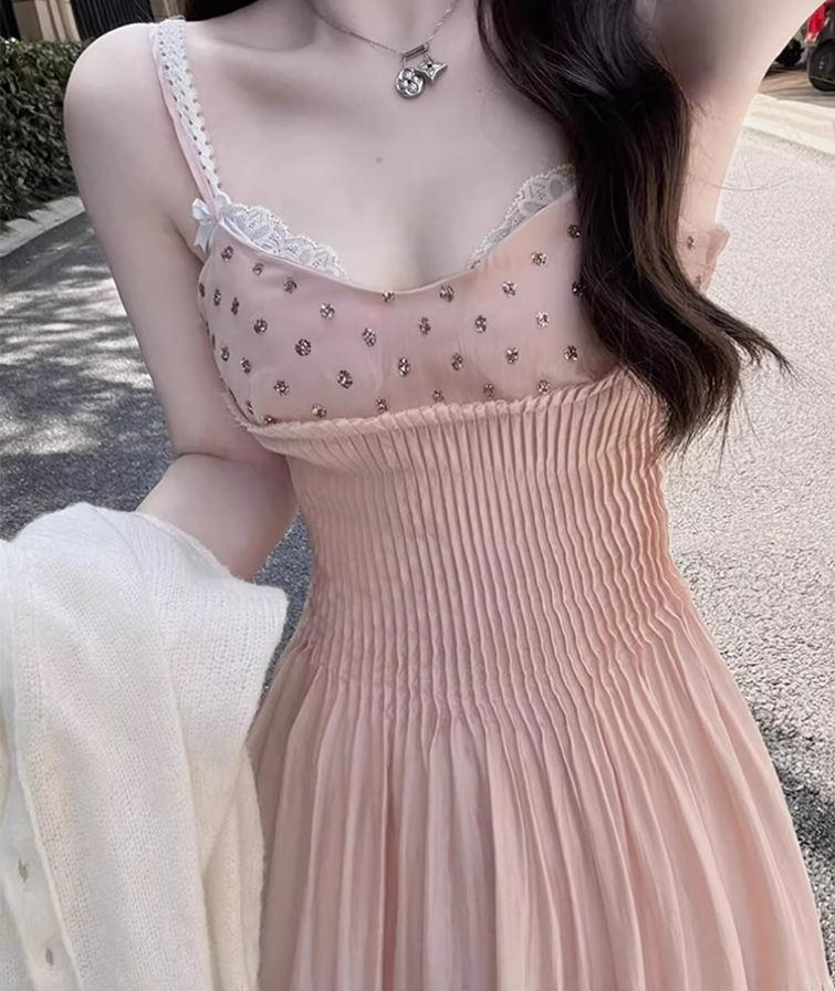 French pleated suspender dress 2025 pure desire style waist a-line fairy long dress R1325