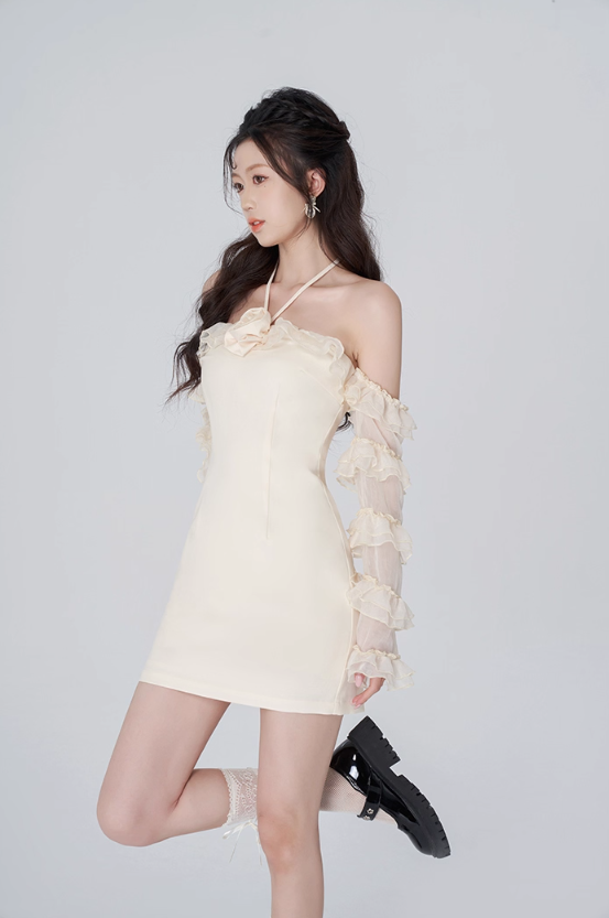Tea break French dress women's summer white halter neck short skirt new style chic niche skirt R4463