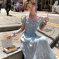 Blue short-sleeved square collar long waist dress summer French retro temperament high waist skirt R4706