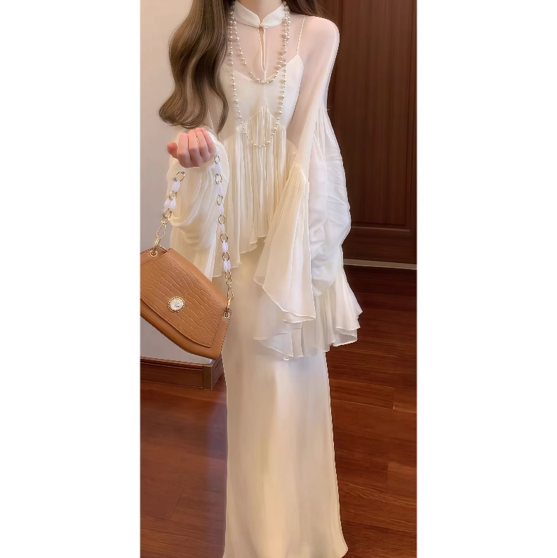 Cool and relaxed suspender dress stand collar top generous and decent two-piece skirt suit R0411