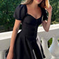 Black puff sleeve waist A-line short skirt homecoming dress R3222