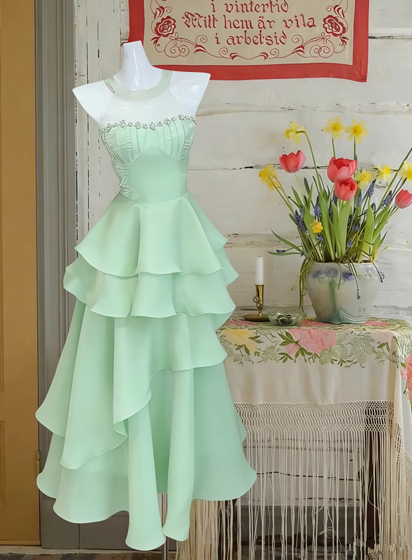 Pink tube top waist cake skirt sexy satin long dress prom dress R6230