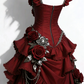 Red square neckline, three-dimensional floral design, fitted waist, and alluring mid-length ball gown R7209