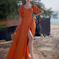 Gentle Temperament Square Neck Puff Sleeve Dress Backless Slit Long Dress R0599