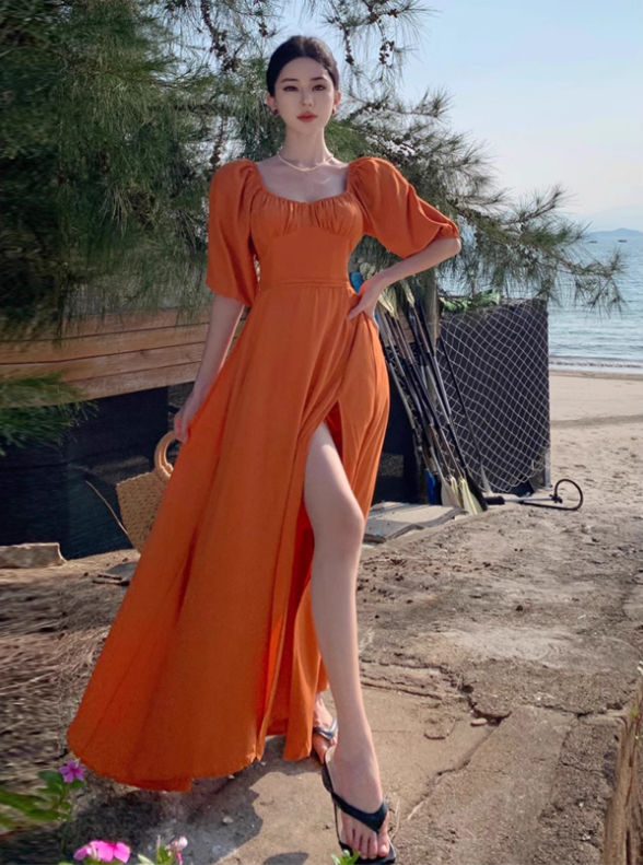 Gentle Temperament Square Neck Puff Sleeve Dress Backless Slit Long Dress R0599