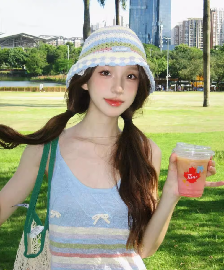 Sweet dopamine rainbow striped knitted dress small sling hip skirt pure desire forest style R1640