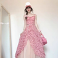Tea break French pink suspender floral dress seaside vacation unique waist temperament long dress R0422