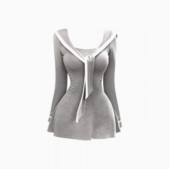 Sweet and spicy navy collar long-sleeved dress 2025 pure desire waist A-line short skirt R1094