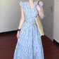 Blue v-neck floral dress with small flying sleeves, beautiful waist A-line beach dress R0781