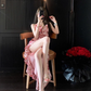 Sexy slim-fit v-neck ruffled printed long skirt irregular holiday temperament suspender dress R1551