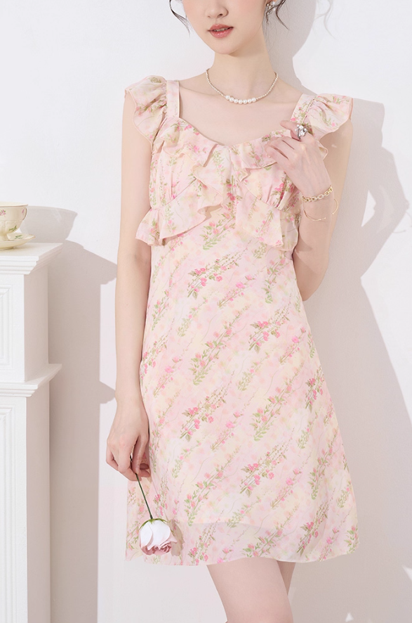 French dress new summer design niche temperament high-end pink floral waist skirt R4217