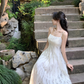 Romantic holiday style suspender dress summer hollow white lace temperament long skirt R4423